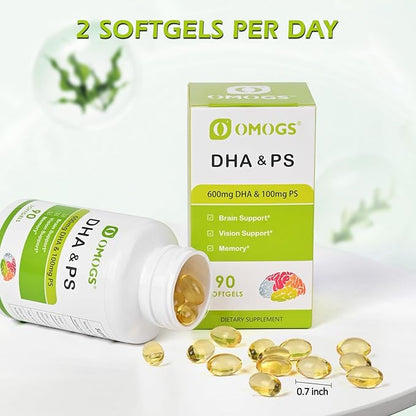 Algae DHA - 600 mg Omega-3 DHA Softgels, with Phosphatidylserine & Walnut Oil, Supports Healthy Brain Function, Vision, Eye & Memory, Gluten Free, Non-GMO Vegan Algae Oil, 90 Softgels