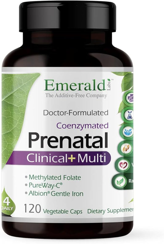 EMERALD LABS Prenatal Clinical Multi - Prenatal Multivitamin with Methylfolate, Albion Chelated Gentle Iron, Whole-Food Ingredients & More - Soy & Gluten-Free - 120 Vegetable Capsules (30-Day Supply)