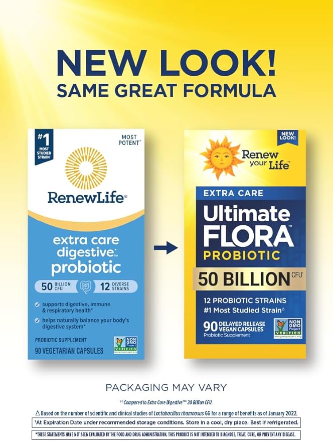 Ultimate Flora Probiotics 50 Billion CFU Delayed Release Vegan Capsules | Extra Care | Digestive Health | Immune Health | Dairy Free | 90 Count