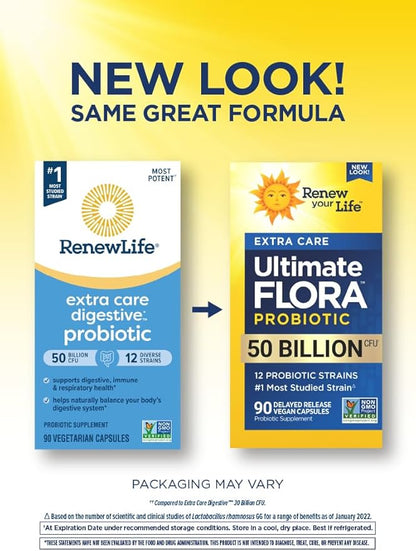 Ultimate Flora Probiotics 50 Billion CFU Delayed Release Vegan Capsules | Extra Care | Digestive Health | Immune Health | Dairy Free | 90 Count