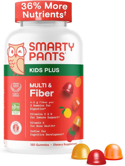 SmartyPants Kids Multivitamin & Fiber Gummies: Prebiotic Fiber to Support Kids Digestion with Vitamin D3, C, Vitamin B12, B6, A, Zinc, Biotin, Folate, Three Fruit Flavors, 120 Count (40 Day Supply)