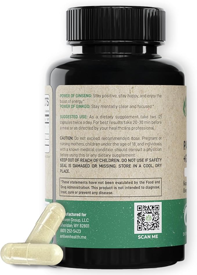 enliven Panax Ginseng & Ginkgo Biloba Supplement | Korean Ginseng Capsules for Immune Support & Stress Relief | 60 Count | Made in USA