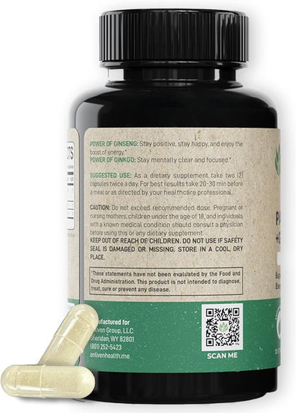 enliven Panax Ginseng & Ginkgo Biloba Supplement | Korean Ginseng Capsules for Immune Support & Stress Relief | 60 Count | Made in USA