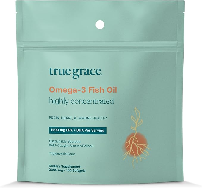 True Grace Omega-3 Fish Oil - 180 Softgels, Refill Pouch - 1400 mg EPA + DHA - Brain, Heart, Joint & Immune Health - Organic, Gluten Free, Soy Free