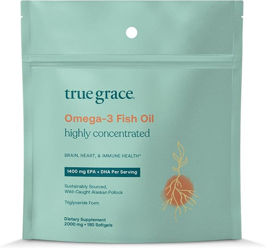 True Grace Omega-3 Fish Oil - 180 Softgels, Refill Pouch - 1400 mg EPA + DHA - Brain, Heart, Joint & Immune Health - Organic, Gluten Free, Soy Free
