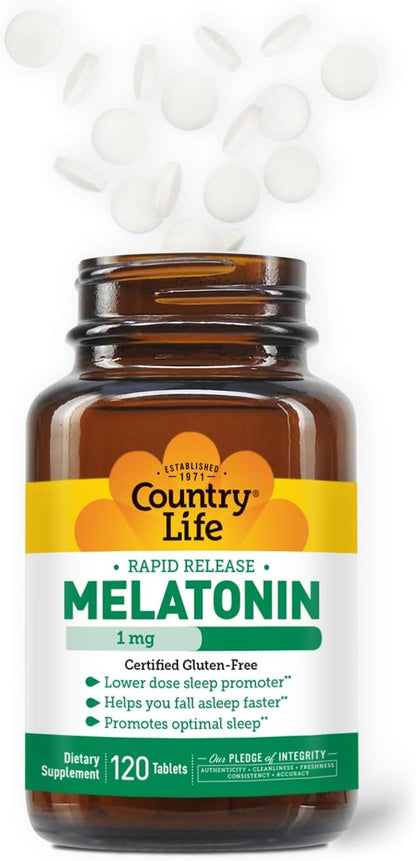 Country Life Melatonin Sleep Aid 1mg - Non-GMO, Gluten-Free, Vegan - Rapid-Release, Fast Dissolve Tablets for Optimal Sleep - No Yeast, Corn, Wheat, Soy - Pure, Authentic Ingredients