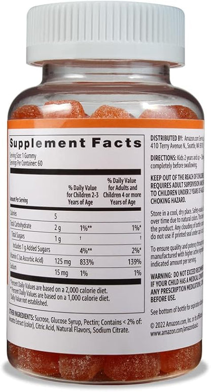 Amazon Basics Kids' Vitamin C 125mg Gummies, Orange, 60 Count, Immune Health, 2 Month Supply (Previously Solimo)