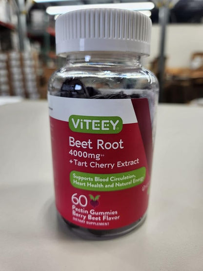 Viteey Beet Root Gummies 4000mg with Tart Cherry - for Healthy Blood Pressure Support - Vegan, Gelatin Free, Gluten Free - Tasty Chewable Berry Beet Flavored Gummy