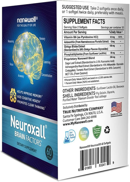 Neuroxall Brain Health Supplement for Enhanced Cognitive Function and Mental Clarity, Astaxanthin, Ginkgo Biloba Extract, Antioxidant - 60 Softgels X 3 Boxes for 3 Months (180 Count)