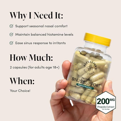 Beekeeper's Naturals All Natural Sinus Support for Adults, Seasonal Nasal Care Relief with Propolis, Quercetin, Bromelain, Nettle Leaf, & Vegan Capsule, Blocks or Suppresses Histamine, 60 ct