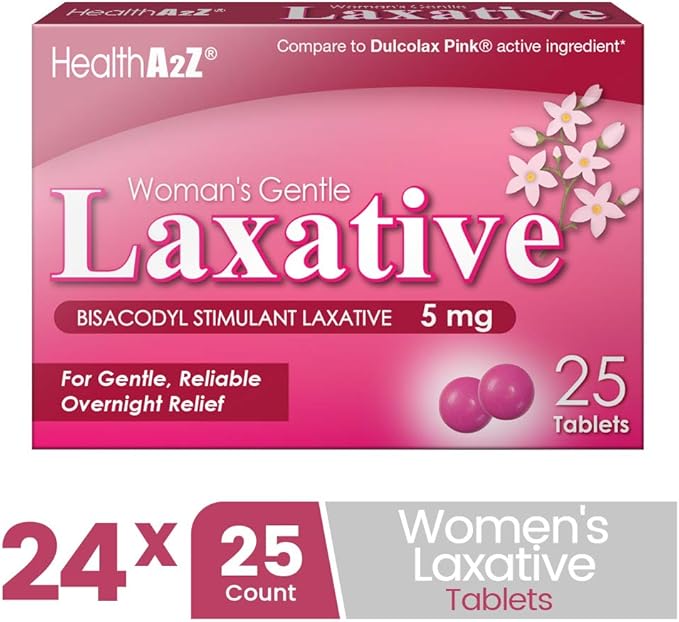 HealthA2Z® Woman's Gentle Laxative | Bisacodyl Stimulant Laxative 5mg | Constipation Relief | Gentle and Reliable | Overnight Relief (24 Pack x 25 Tablets Each (600 Total))