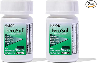 Major Ferosul - Ferrous Sulfate 325mg Tablets with 65mg of Elemental Iron - Iron Supplement for Women, Men - Green - 100 Count (2 Pack)