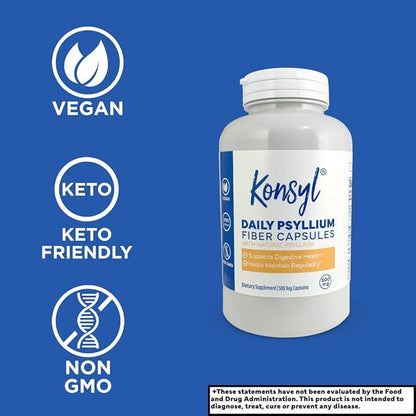 Konsyl Daily Psyllium Fiber Capsules - Contains 1500mg of All-Natural Psyllium Husk Powder per Serving - Supports Digestive Health and Weight Management Goals+ (500 Count (Pack of 1), Unflavored)