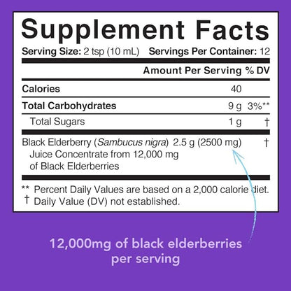 Elderberry Syrup for Adults & Kids Immune Support - High Flavonoid - Non-GMO, Vegan - Equivalent to 12,000mg of Black Elderberries per Serving (4oz Glass Bottle)