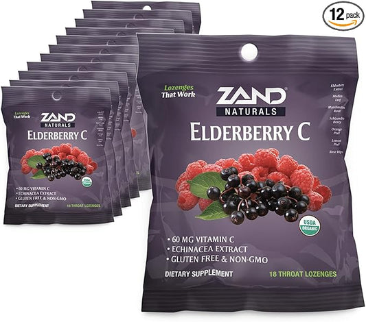 Zand Immunity Elderberry Vitamin C Lozenges, Immune Support Soothing Throat Drops, Elderberry, Vitamin C, Echinacea Extract, No Cane Sugar or Corn Syrup, Gluten Free, Non-GMO (12 Bags, 18 Lozenges)