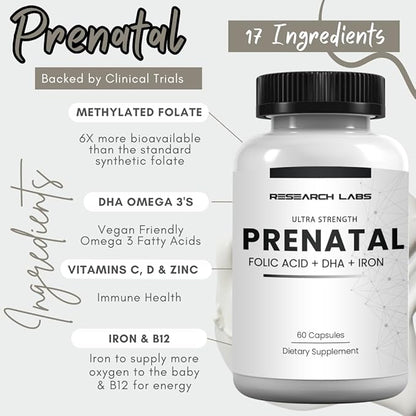 Research Labs Prenatal Vitamins for Women 2 Fer 1 Ad: 6X More Bioavailable Methylated Folate Folic Acid MTHF 5 | Supports Brain Development, Healthy Growth