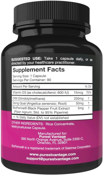 Pure DIM Supplement 250mg Diindolylmethane Plus BioPerine and Dong Quai - Hormone Balance Support for Women and Men, Menopause & Estrogen Support - 90 Vegetarian Capsules