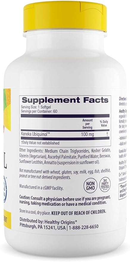 Healthy Origins Ubiquinol 100 mg (Kaneka QH, Non-GMO, Gluten Free, Heart Support, Energy Support), 60 Softgels