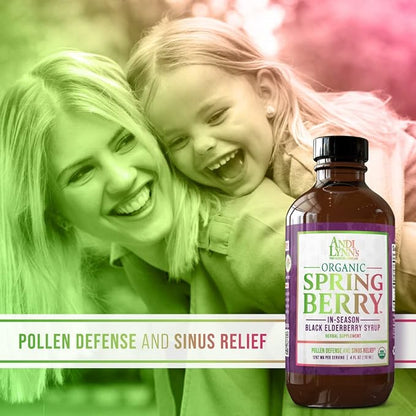 Andi Lynn’s SpringBerry, Organic Black Elderberry Syrup, Pollen Defense & Sinus Relief for Seasonal Allergies, Herbal Immune Support Supplement for Kids & Adults, 4 oz
