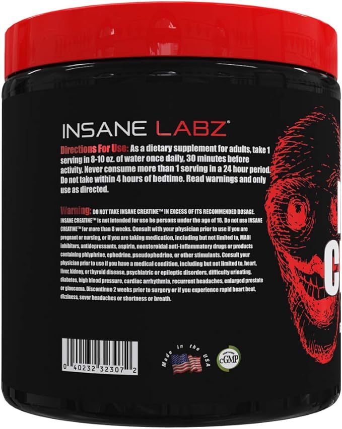 Insane Labz Insane Creatine Monohydrate Powder - Unflavored, Pre Workout, Post Workout, Strength Size Power, 60 Servings