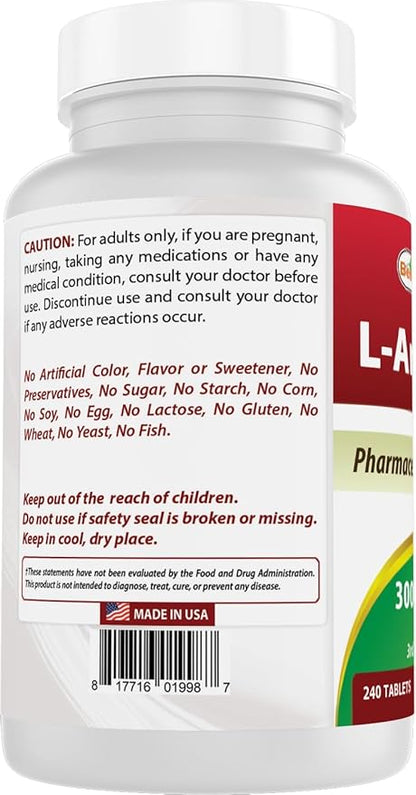 Best Naturals L-Arginine 3000mg Per Serving - 240 Tablets - Pharmaceutical Grade - Non-GMO & Gluten Free - Made in The USA