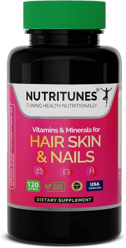 Hair, Skin, & Nails Multivitamins & Minerals - Biotin, Folate, Vitamin C, D3, E B-6 & B-12 Supports Hair, Skin, & Nail Health - Non-GMO, GMP-Certified (120 Softgel Capsules)