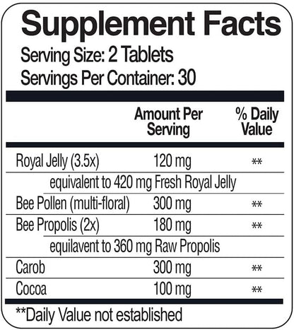 BEE and You Royal Jelly + Propolis + Bee Pollen Chewable Tablets - High Potency - No Artificial Flavor/Preservatives - No Added Sugar- No Soy/Milk/Gelatin/GMO/Gluten, 500 mg x 60 Tablets