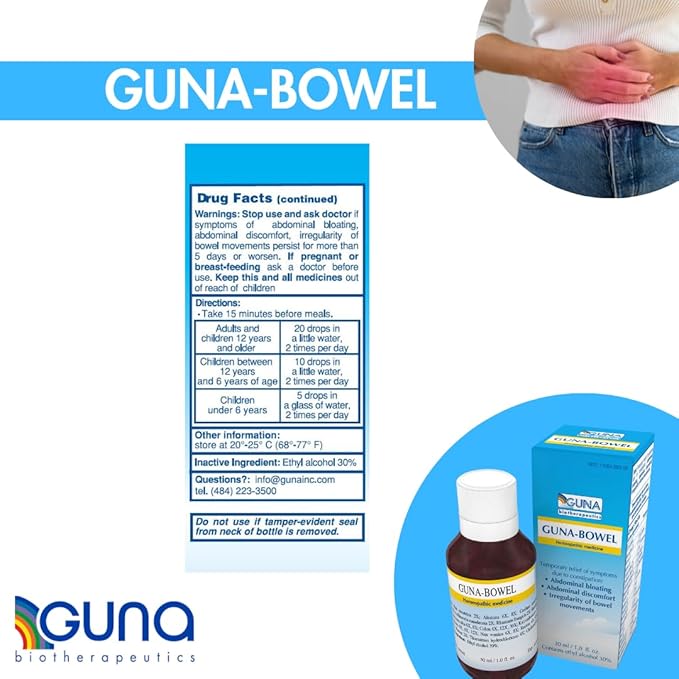 Guna Bowel Homeopathic Medicine for Constipation Abdominal Bloating, Discomfort, Irregular Bowel Movements - 1 Ounce