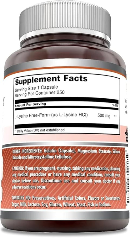 Amazing Formulas L-Lysine 500 mg Capsules Amino Acid Supplement | Non-GMO | Gluten Free | Made in USA (250 | 3 Pack)