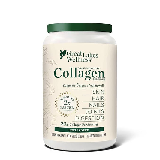 Great Lakes Wellness Bovine Collagen Peptides Powder for Skin, Hair, Nails, Joints & Digestion - Unflavored - Quick Dissolve Hydrolyzed, Wild Caught, MSC Certified, Non-GMO, Kosher - 32 oz