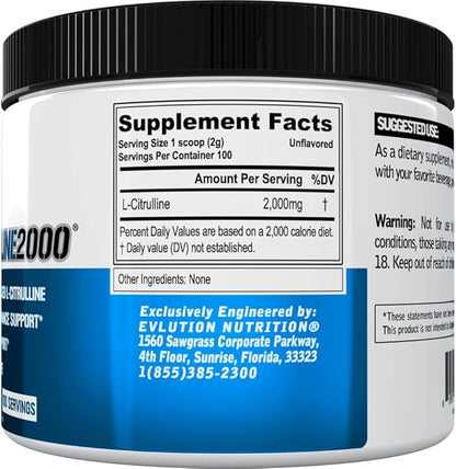 L-Citrulline2000 Nitric Oxide Pre Workout Powder - High Strength L Citrulline Powder for Enhanced Muscle Strength and Intense Pumps - Plant Based Nitric Oxide Booster - Unflavored