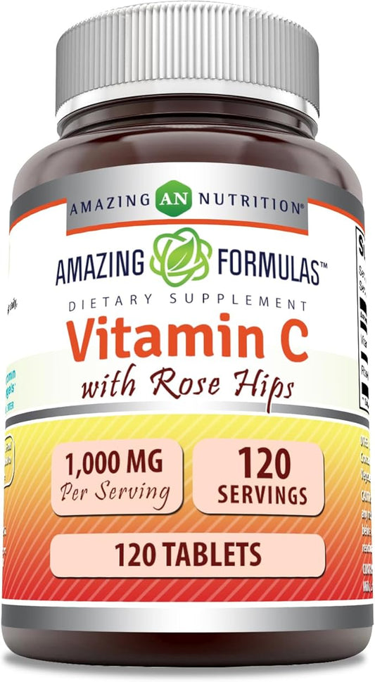 Amazing Formulas Vitamin C with Rose HIPS Supplement | 1000 Mg | Tablets | Non-GMO | Gluten Free | Made in USA (120 Count)