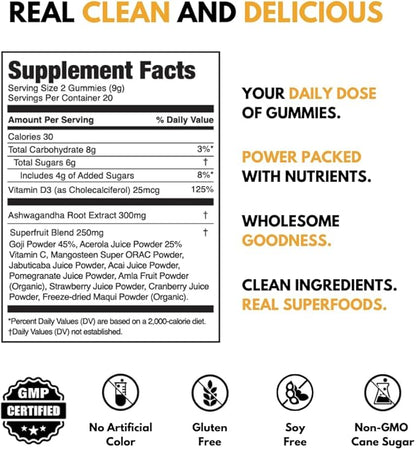 JUGO Focus + Superfood Gummies | Vitamin D & Ashwagandha | 40 Count | Focus & Mental Clarity for Adults | Gelatin-Free, Gluten-Free, Plant-Based, Non-GMO