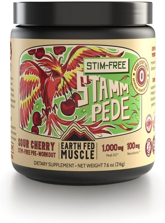 Earth Fed Muscle Stim-Free Stammpede Pre Workout, Sour Cherry, Stimulant and Caffeine Free, Boosts Energy, Endurance and Focus - Lion's Mane and Taurine - Soy Free, Gluten Free, Vegan - 30 Servings