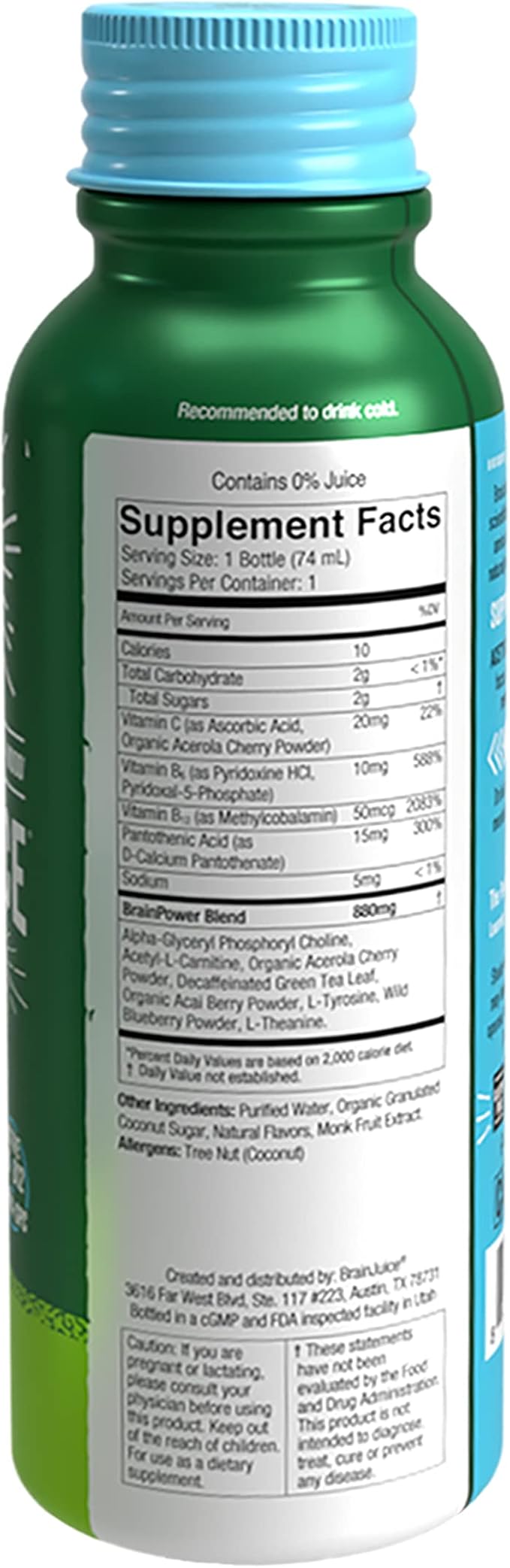 BrainJuice Decaf Brain Support Shot, Gluten Free Supplement Shots for Energy & Focus, Healthy Drinks with Alpha GPC, Vitamin B & Decaffeinated Green Tea Leaf, Classic, 2.5 fl oz, 12 Pack