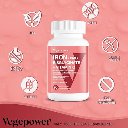 Iron Supplements for Women Men, Vegan Iron Bisglycinate 30mg Plus Vitamin C, B12, Folic Acid - Iron Pills for Anemia, Health Blood & Energy Support - Gentle, High Absorption, Non-GMO - 90 Capsules