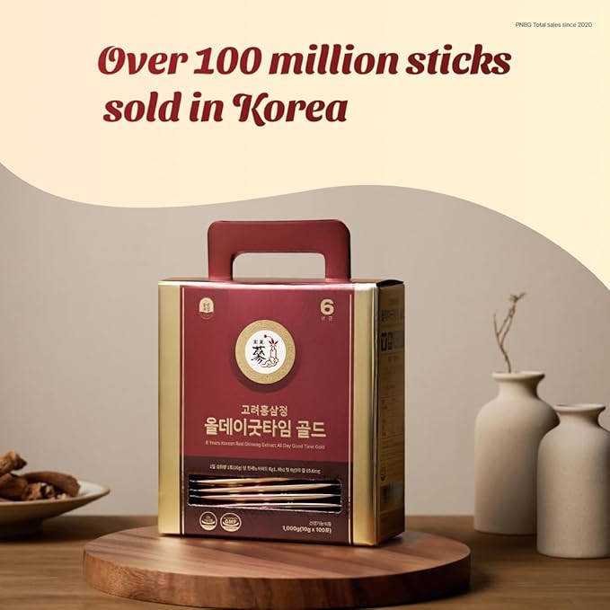 PNBG 6-Year Korean Red Ginseng Extract Shot, [Allday Goodtime Gold] - 15mg Ginsenosides Per Packet, HACCP Certified, Made in Korea, Vitality & Immune Support, Formulated with 12+ Traditional Korean Herbal Ingredients (10g x 100 Packets)