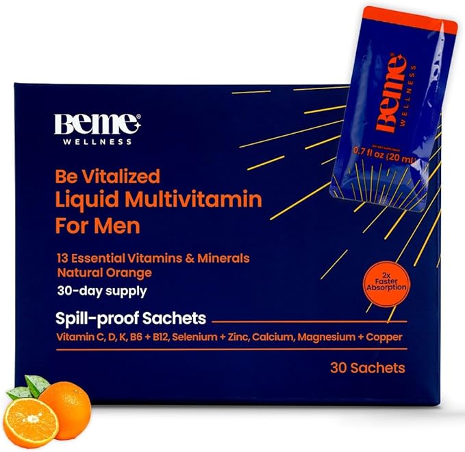 BeMe Liquid Multivitamin for Men - Clinically Tested Mens Multivitamin, 2X Faster Absorption & High Bioavailability - A, B-Complex, C, D, E, K, Calcium, Zinc, Magnesium - Non-GMO, Soy, Dairy Free