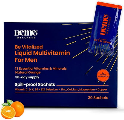 BeMe Liquid Multivitamin for Men - Clinically Tested Mens Multivitamin, 2X Faster Absorption & High Bioavailability - A, B-Complex, C, D, E, K, Calcium, Zinc, Magnesium - Non-GMO, Soy, Dairy Free