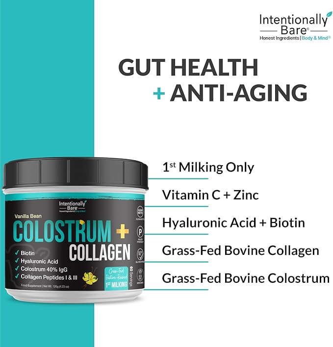 Intentionally Bare Colostrum and Collagen Powder - Colostrum Supplement with Biotin & Collagen Peptides - Colostrum Powder for Skin, Joint & Gut Health - Vanilla Bean Collagen Supplements 60 Servings