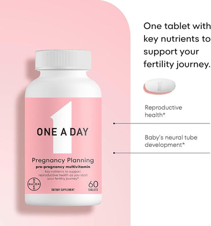 One A Day Pregnancy Planning Prenatal Multivitamin for Women, Pre Pregnancy Vitamins for Women with Methylfolate, Folic Acid, Zinc, Vitamin B12 & Vitamin D to Support Reproductive Health, 60 Tablets
