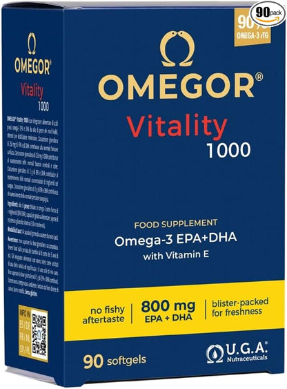 OMEGOR Omega 3 1000mg Fish Oil Capsules IFOS Certified Vitality 1000 DHA EPA Omega3 Supplement - No Fishy Aftertaste, Non-GMO (90 Softgels)