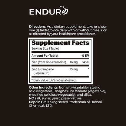Zinc - PepZinGI 75mg for Immune Function & Digestive Health Support | Zinc Carnosine Supplement | Chewable Zinc Tablets for Adults | Vegan, Non-GMO, Gluten Free - Endurance 60 Chewable Tablets
