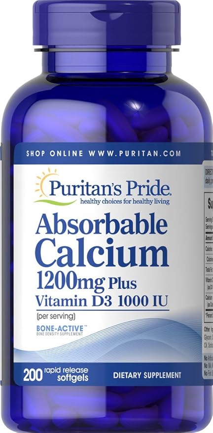 Puritan's Pride Absorbable Calcium 1200 mg Plus Vitamin D3 25mcg 1000 IU with Bone-Active, Dietary Supplement for Bone Strength, Heart, Nerve, Muscle, and Immune Support, 200 Rapid Release Softgels