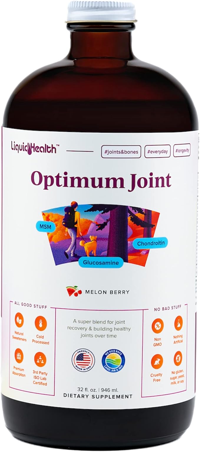 LIQUIDHEALTH Optimum Joint Support Supplement with Glucosamine, Chondroitin, MSM, Hyaluronic Acid - Triple Strength Liquid Vitamins, Gluten-Free, Dairy-Free, Soy-Free Joint Juice, Made in USA (32 oz)