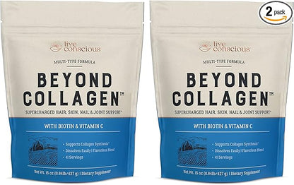 Live Conscious Beyond Collagen Multi Collagen Powder - Types I, II, III, V & X | Keto Friendly, Hydrolyzed Blend with Biotin & Vitamin C (2-Pack)