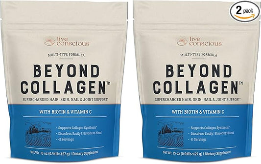 Live Conscious Beyond Collagen Multi Collagen Powder - Types I, II, III, V & X | Keto Friendly, Hydrolyzed Blend with Biotin & Vitamin C (2-Pack)