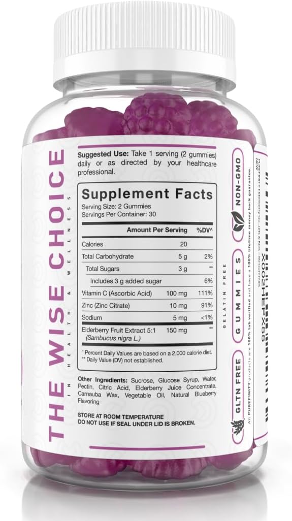 Elderberry Gummies with Sambucus, Vitamin C, and Zinc – Your Perfect Daily 3-in-1 Supplement for Kids & Adults – Gluten Free, Non-GMO, Vegan, 60 Count (Pack of 2)