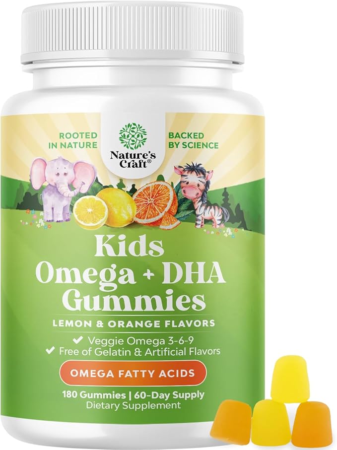 Omega DHA Gummies for Kids - Fatty Acids Omega 3 6 9 with Vitamin C for Brain, Immunity & Vision - Nutritional DHA for Kids for Healthy Nervous System & Focus Support - Fish Free & Vegan - 180 Chews