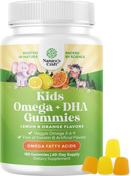 Omega DHA Gummies for Kids - Fatty Acids Omega 3 6 9 with Vitamin C for Brain, Immunity & Vision - Nutritional DHA for Kids for Healthy Nervous System & Focus Support - Fish Free & Vegan - 180 Chews